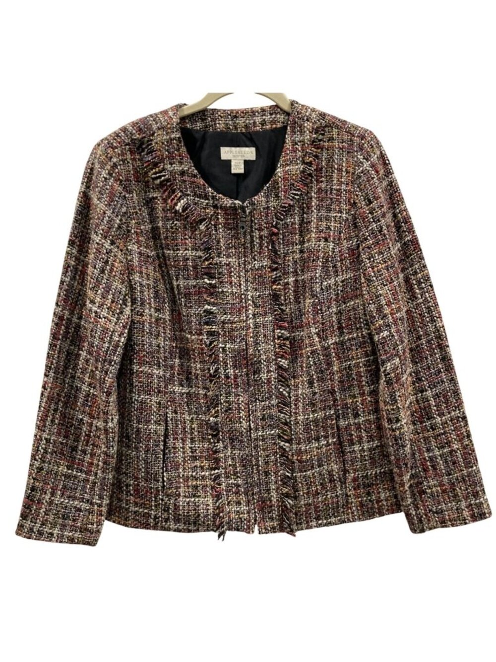 Appleseeds Tweed Jacket 12P Black Multi Fringe Wool Blend Office Old Money Twee